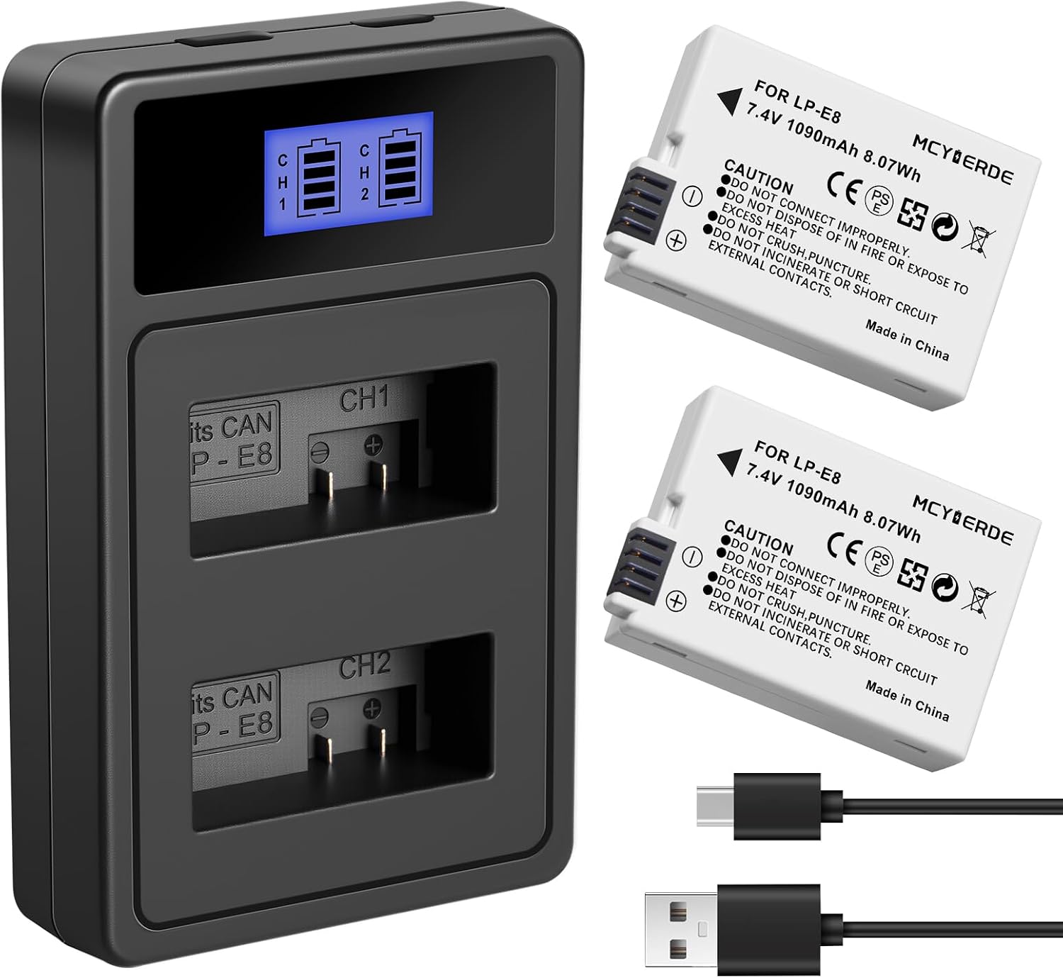 2-Pack LP-E8 Rechargeable Batteries with Dual Slot Charger Compatible with Canon EOS Rebel T2i T3i T4i T5i 650D 700D 550D 600D Kiss X4 X5 X6i X7i Digital Cameras (Not for T2 T3 T4 T5)