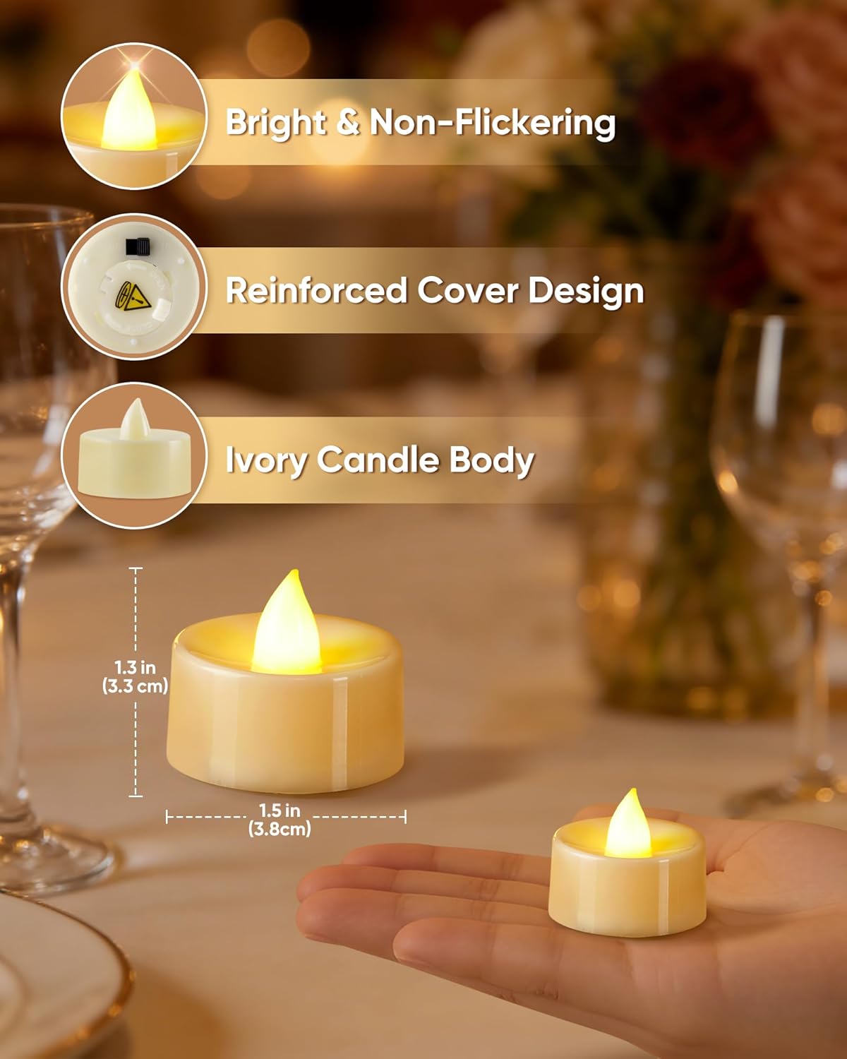 BEICHI Flameless Candles, 50 Pack Tea Lights Battery Operated, No Flickering Votive Candles LED Tea Lights for Halloween Christmas Wedding Home- Warm White, Ivory Base