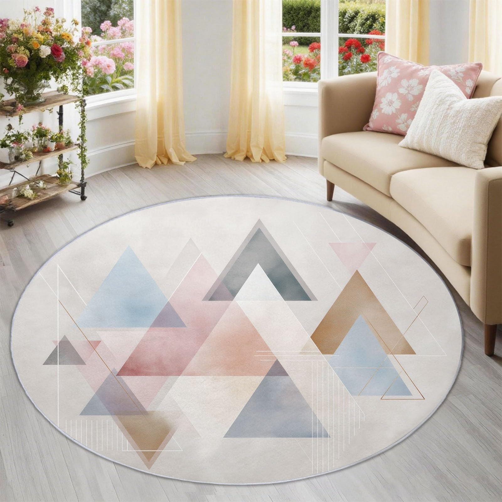 Geometrisch Dreieck Rund Teppich 120 cm, Modern Elegant Kurzflor Weich & Sicher Teppich Kinderzimmer, Beige Waschbarer rutschfest Runder Teppiche
