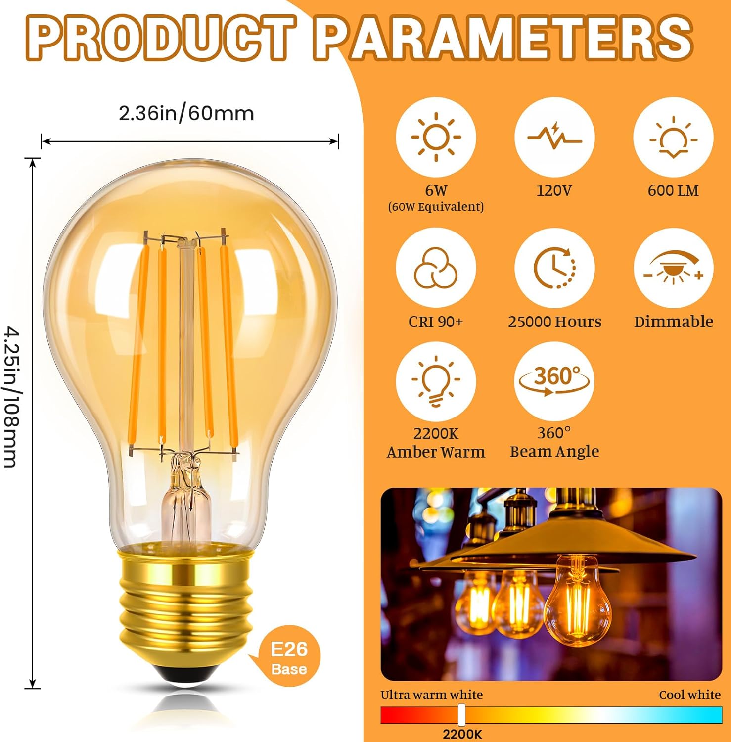 A19 Vintage LED Edison Bulbs 60W Equivalent, Amber Warm Light 2200K, Dimmable 6W A60 Antique LED Filament Bulbs, E26 Base Amber Light Bulbs for Home, 6 Pack