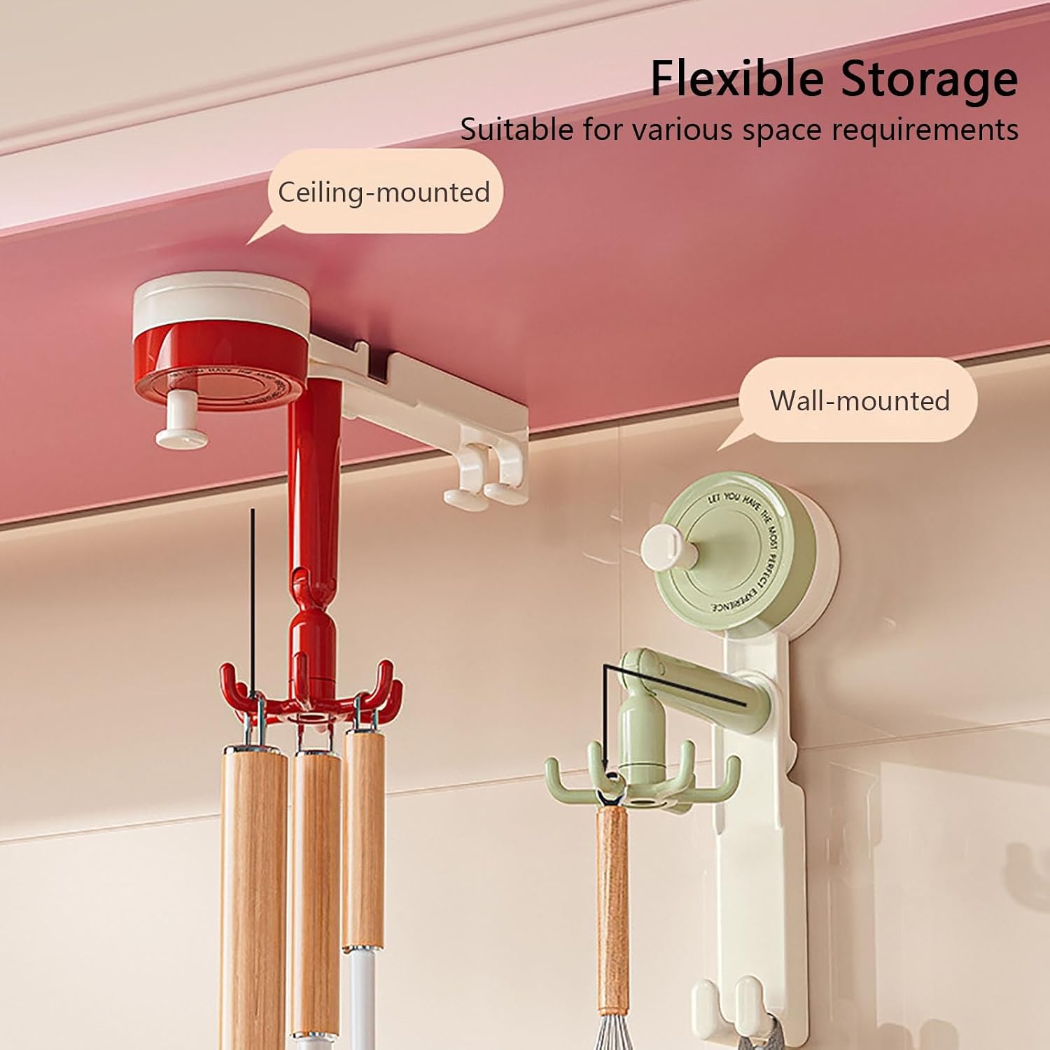 Rotating Suction Cup Hook, 6-Claw Kitchen Utensil Holder, Reusable Wall Mounted Organizer for Cooking Tools, Towels, No Drilling(Pink)