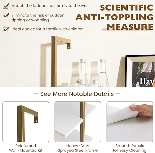 Miniatura 6 de GOFLAME Estante de escalera de 5 niveles, estantería montada en la pared con marco de acero, elegante estantería, estantes de almacenamiento