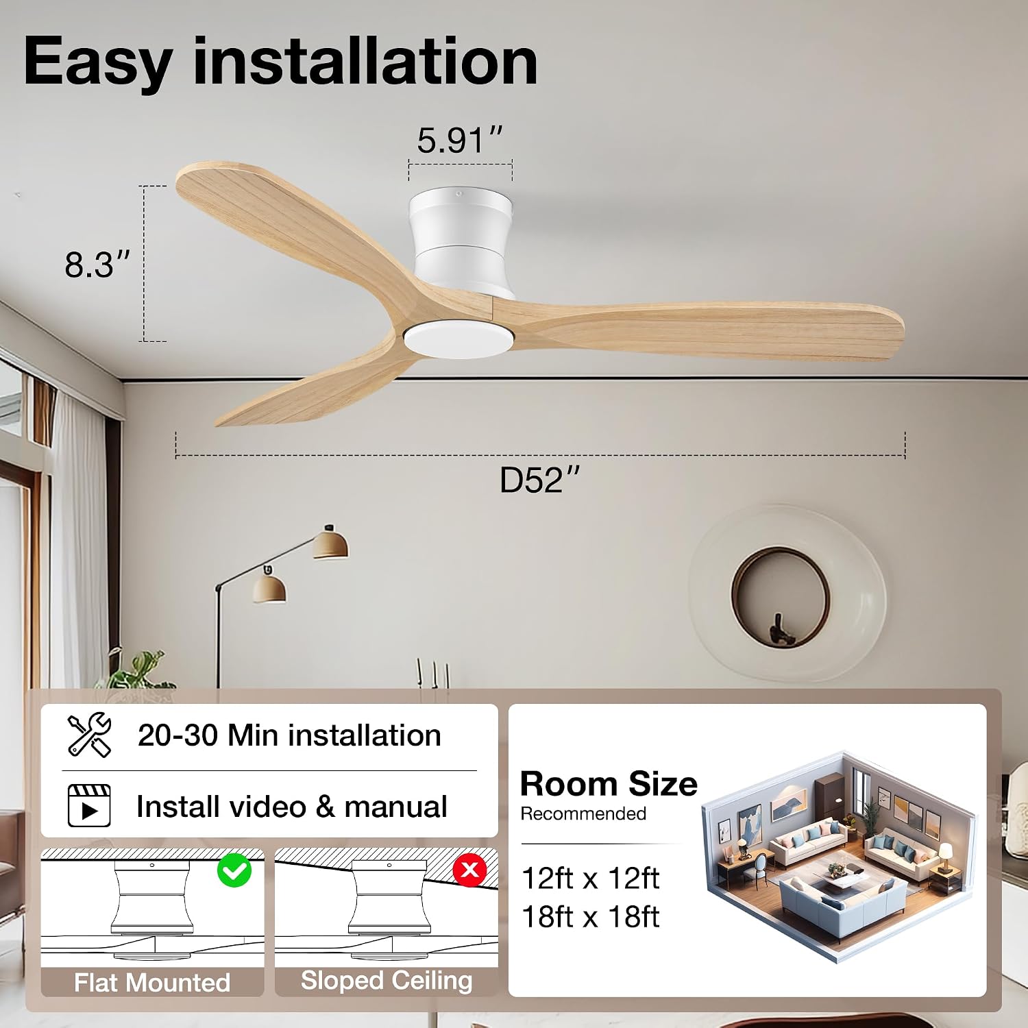 52inch Wood Ceiling Fans with Lights and Remote,Low Profile Modern Ceiling Fan with Light,Outdoor Indoor Flush Mount Ceiling fan,for Bedroom Living room Patio,Light Wood,3 Blades,Dimmable LED,Quiet