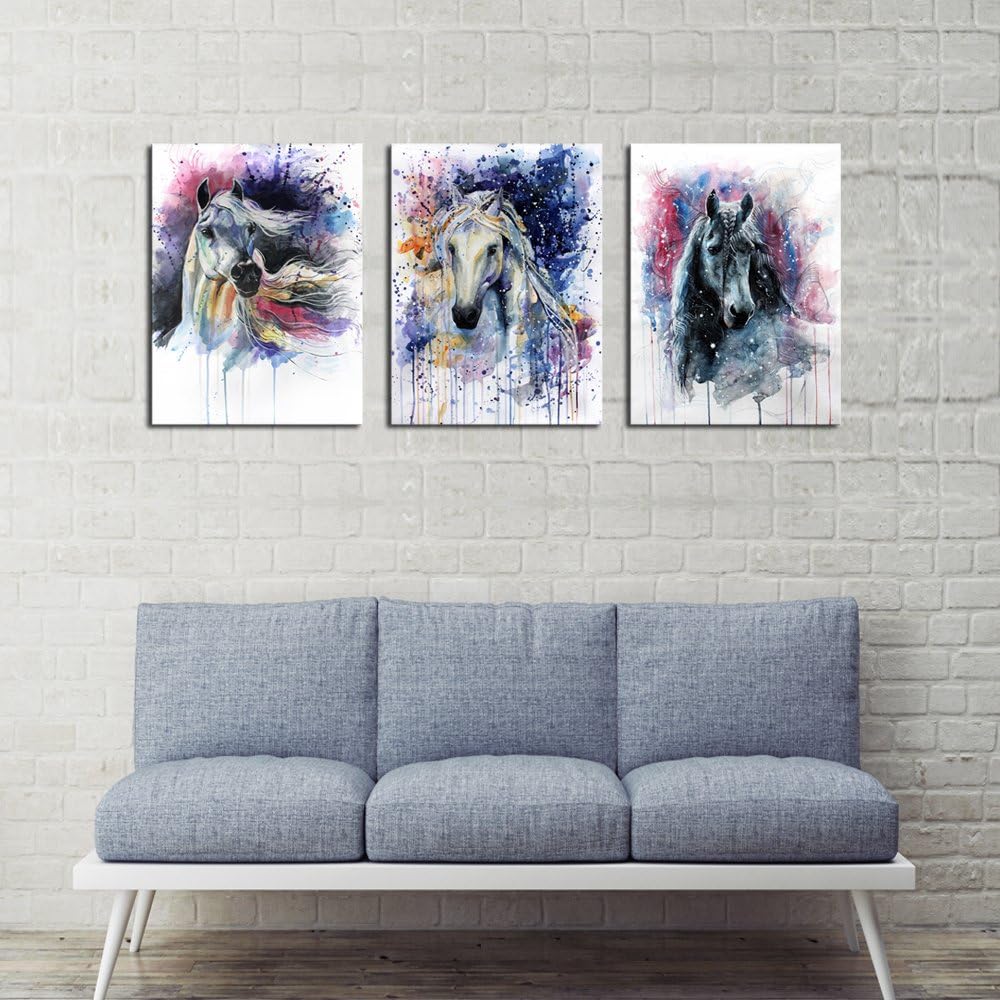 DZL Art D70234 Canvas Wall Art Horse Animal Painting Prints on Canvas Framed Ready to Hang-3 Panels Watercolor Horses Prints Fine Art for Home Wall Decor 12.00" x 16.00"x3pcs 3 Panels Horse
