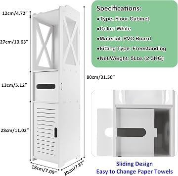 Bathroom Cabinet Storage Narrow Storage Cabinet Furniture, with Door Open Shelf, Free-standing Storage Cabinet with Paper Roll Holder, Tall Corner Shelf for Kitchen Corridor Entrances, Height 32inch