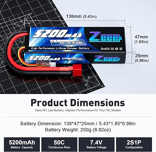 Miniatura 2 de Zeee Lipo Battery 2S 50C 5200mAh Lipos Estuche rígido con conector T para coches RC camiones 1/8 1/10 RC Vehículos (2 paquetes)