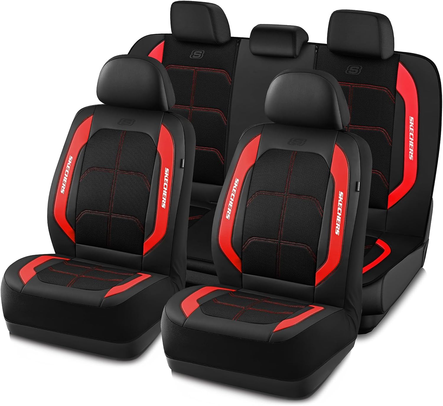 Skechers Air-Cooled & Memory Foam Seat Covers-Leather Car Seat Cover Supply Ultimate Comfort & Support,Seat Covers Full Sets,Airbag Compatible Universal Fit for Most Cars,Vans,Trucks,SUVs,Red