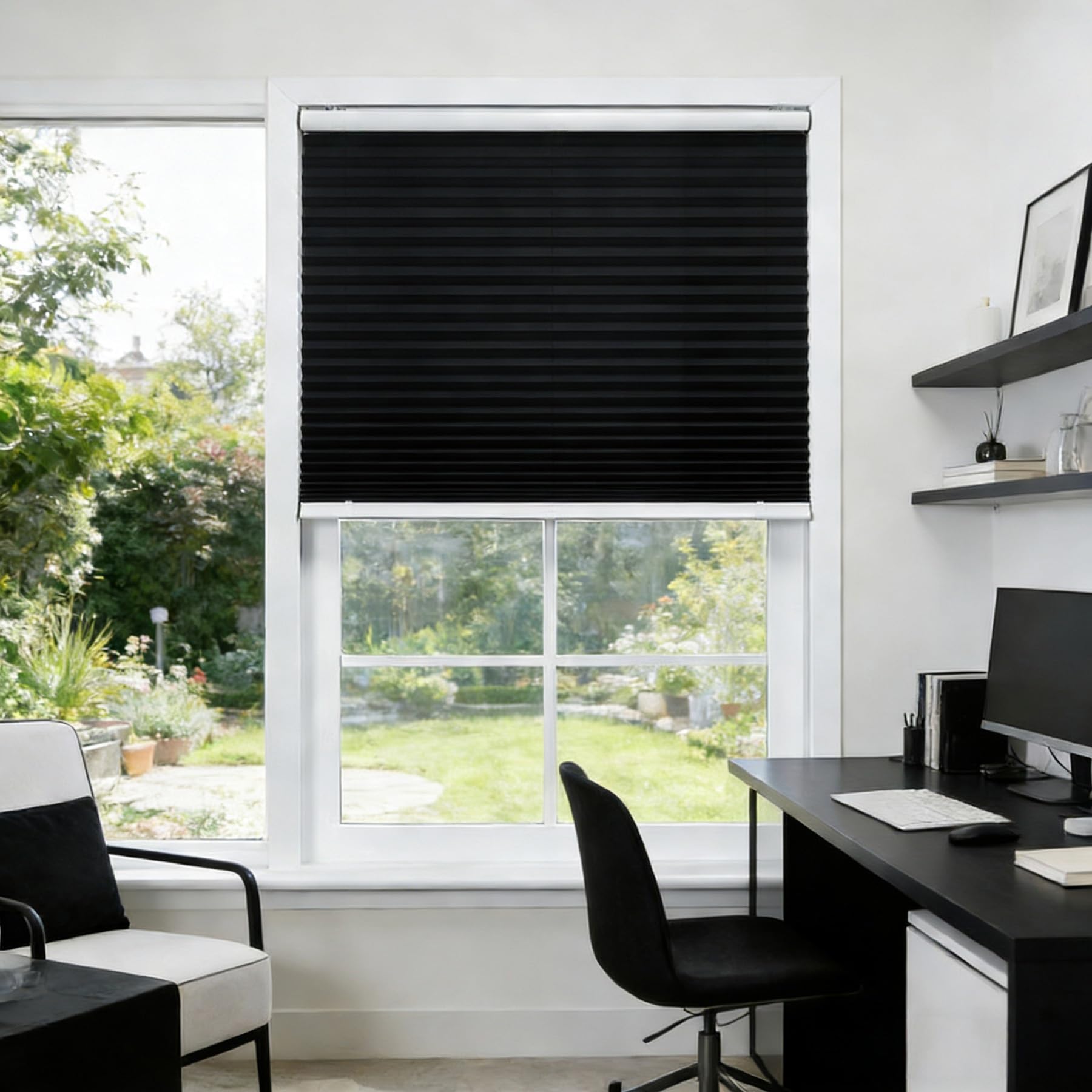 Store Plissé 26 x 95 cm Contre Le Soleil, Réglable Haut Bas, Protection de Privée, Ouverture à Double Sens Store sans Perçage pour Fenêtre Ou Porte, Portes de Terrasse, Noir