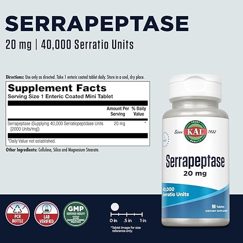 Miniatura 2 de KAL Serrapeptase 20 mg - Enzimas digestivas proteolíticas para apoyo a la salud digestiva - 40,000 unidades de serratio - Recubierto entérico -