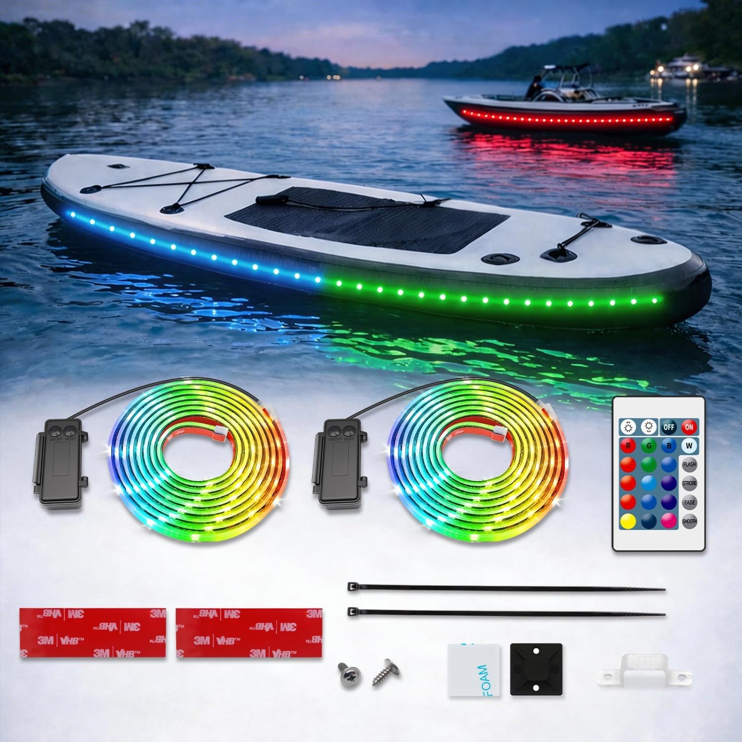 Battery Powered Boat Lights, 2 Pcs 8FT IP68 Submersible RGB Marine LED Strip Lights with Remote, Interior Courtesy Deck Lighting for Kayak SUP Canoe Pontoon, Jon Boat, Bass Boat, Fishing Safety
