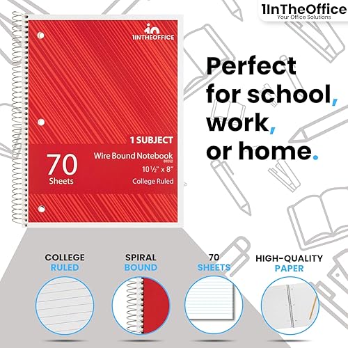 Miniatura 2 de 1InTheOffice Cuaderno de espiral con rayas universitarias de 10.5 x 7.5 pulgadas, cuadernos de 1 materia, cuadernos de espiral encuadernados con