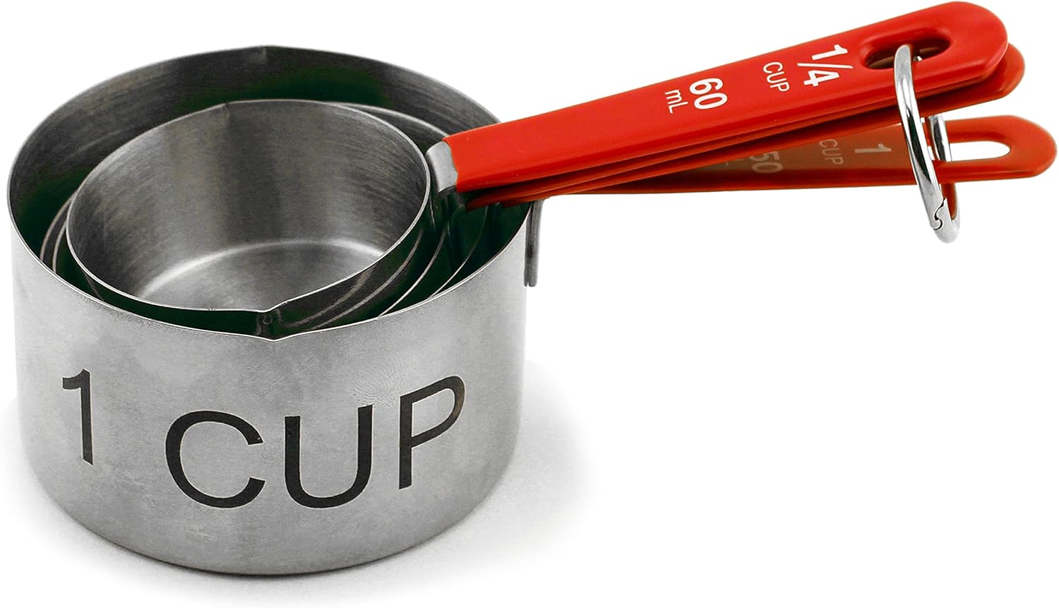 Close-up of BergHOFF measuring cups, showing 1 cup and 1/4 cup sizes with red handles