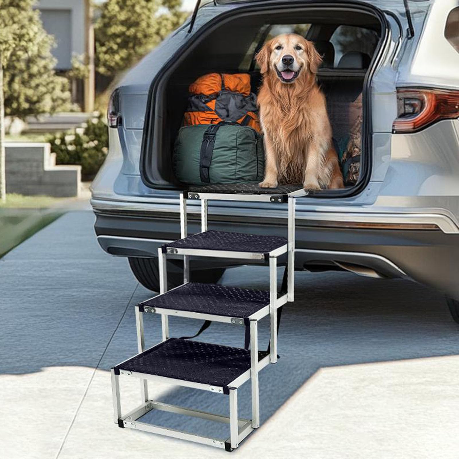 Generic Schody do Samochodu dla Psa, Antypoślizgowa Składana Rampa dla Psa ze Stopu Aluminium Dużych Psów, Przenośne 4-stopniowe Schody Zwierząt do Samochodów SUV Truck Łóżko Wysokie łóżka, Idealne na