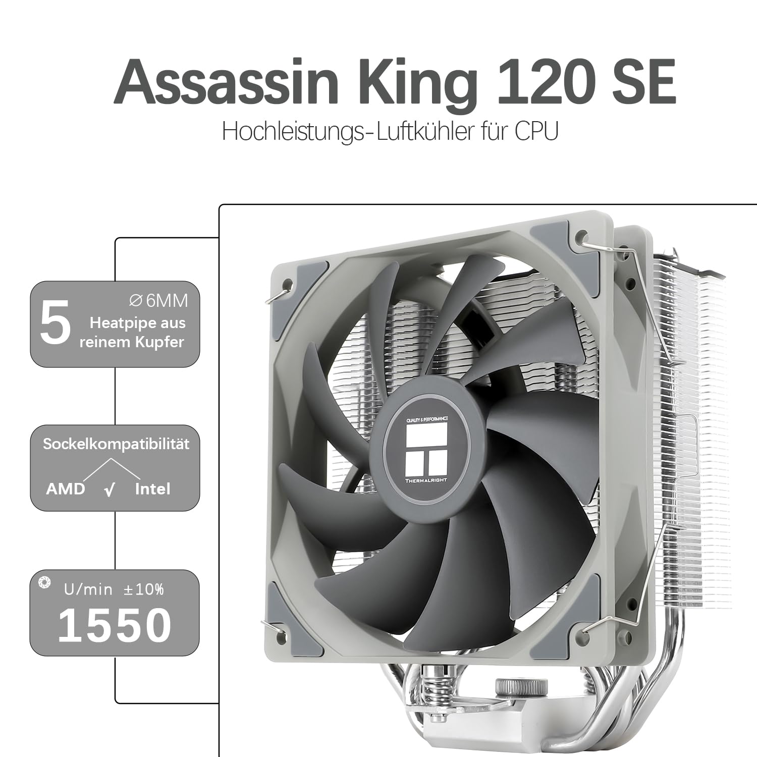TR-Thermalright Assassin King 120 SE chłodnica procesora - 5 węży cieplnych, 1550 obr./min, wentylator procesora 120 mm, do AM4/AM5, Intel LGA1851/1700/115x/1200, chłodnica PC 148 mm