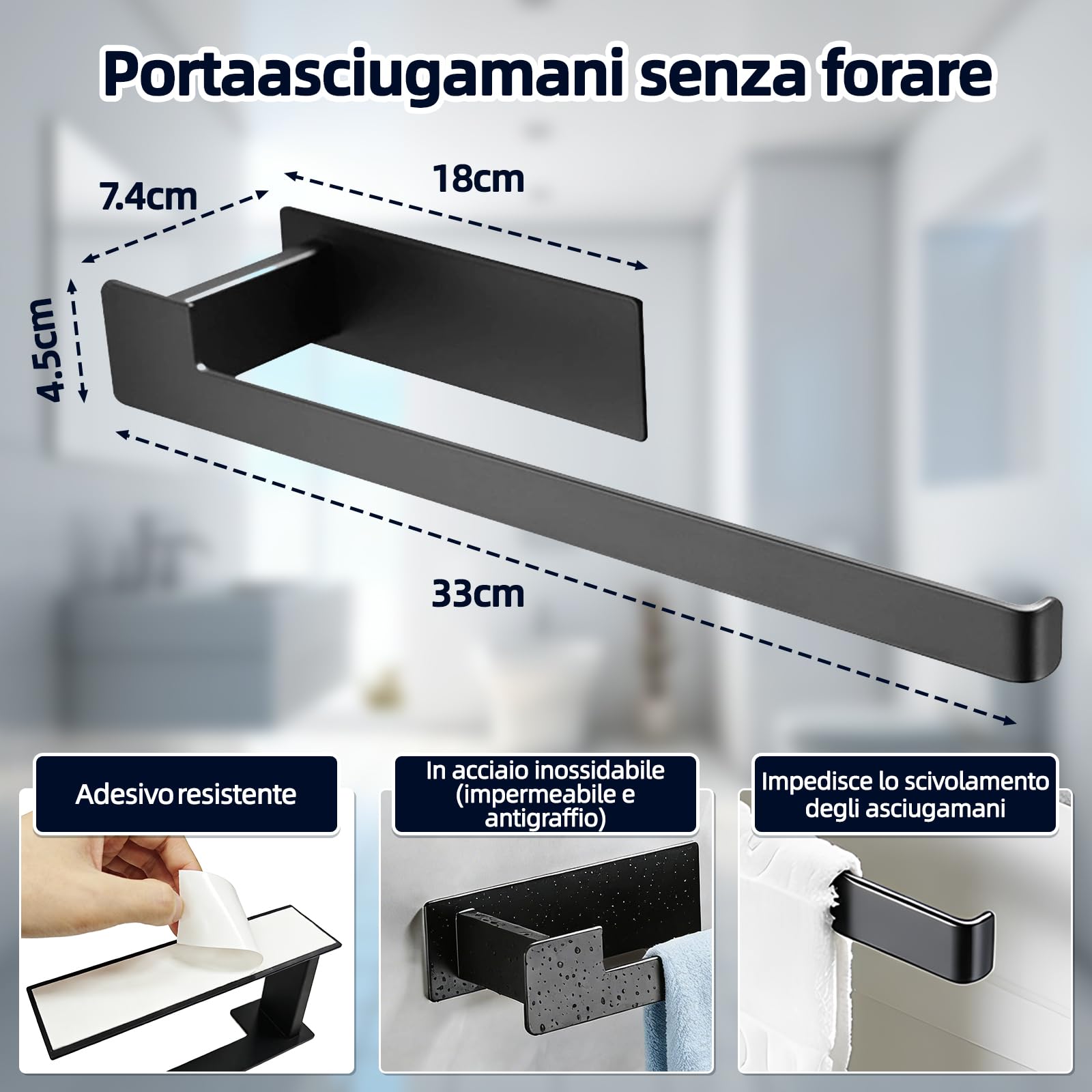 Porta Asciugamani Bagno Nero Opaco Adesivo Senza Fori - Portasciugamani da Parete 33 cm Acciaio Inox 304 Autoadesivo Forte Impermeabile per Bagno e Cucina - silttble