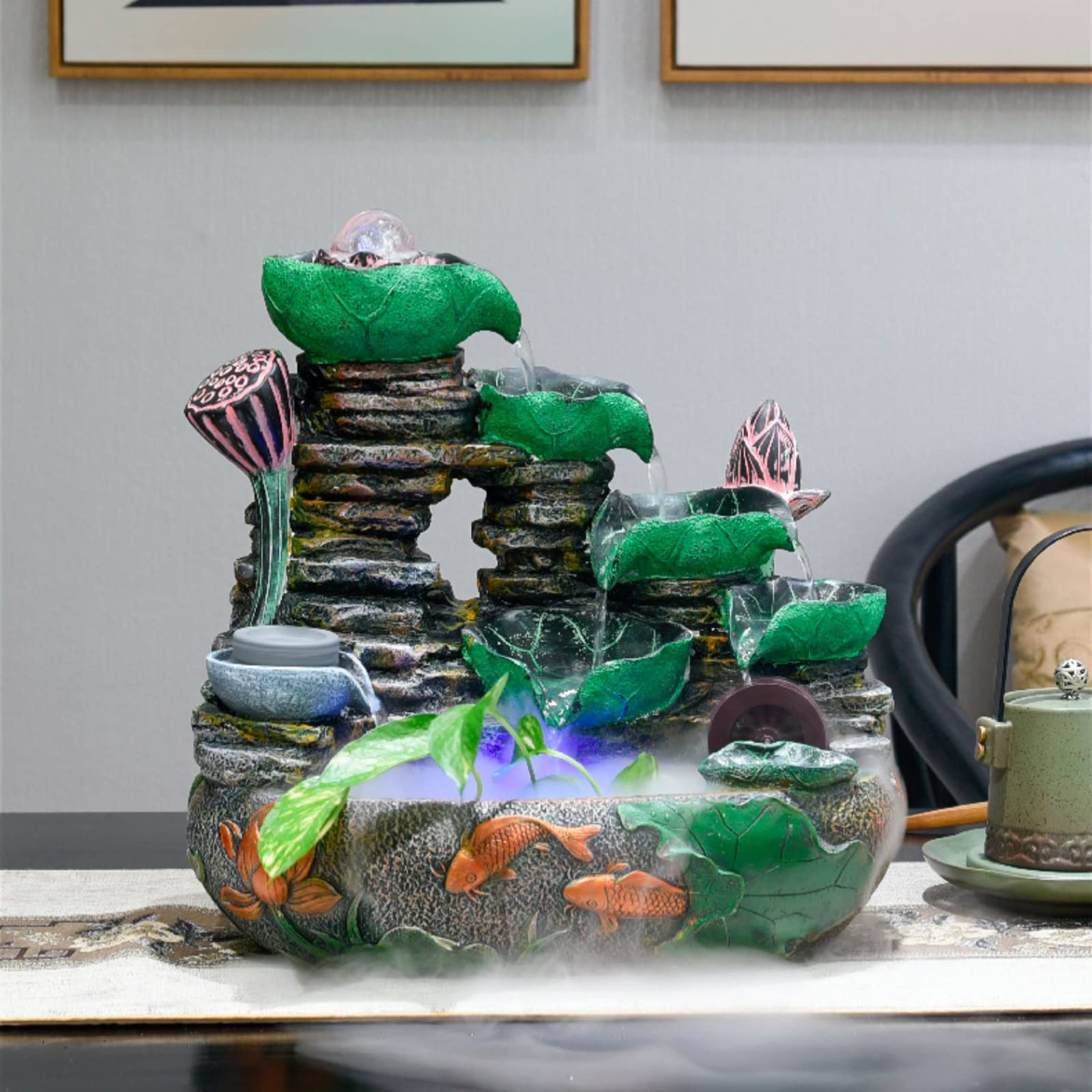 Fontana da Interno Feng Shui Fontana da tavolo con cascata di cascate di roccia a foglia di loto in resina, fontana da interno, con macchina for nebulizzazione d'acqua e pompa Fontana da interni(M)