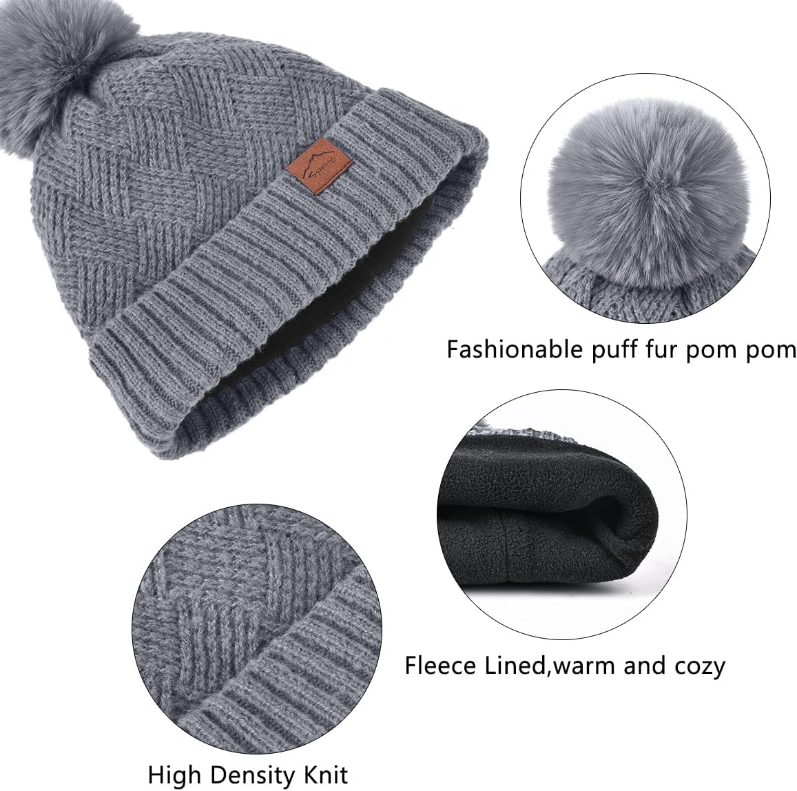 Womens Beanie Hat Scarf Gloves Set,Fleece Lined Winter Hat with Pom Pom,Long Knit Scarf Touchscreen Gloves for Cold Weather - Image 2