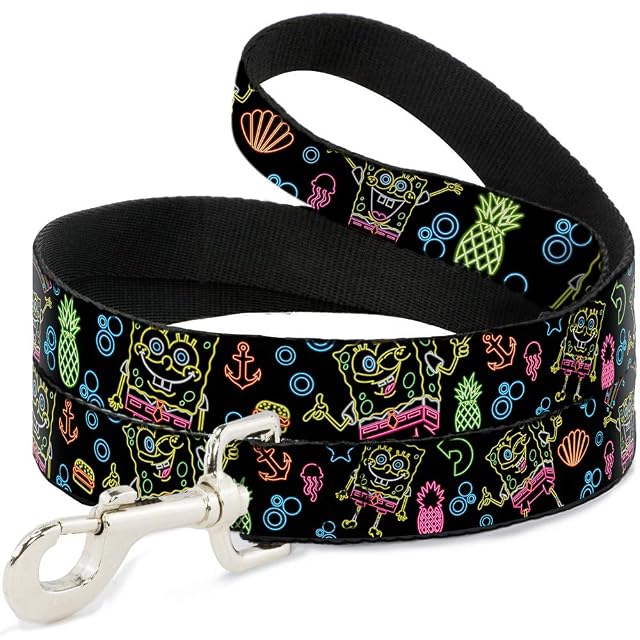 Correa de Perro eléctrica Bob Esponja Poses Elements Negro Multi Color 4 pies de Largo 0.5 Pulgadas de Ancho
