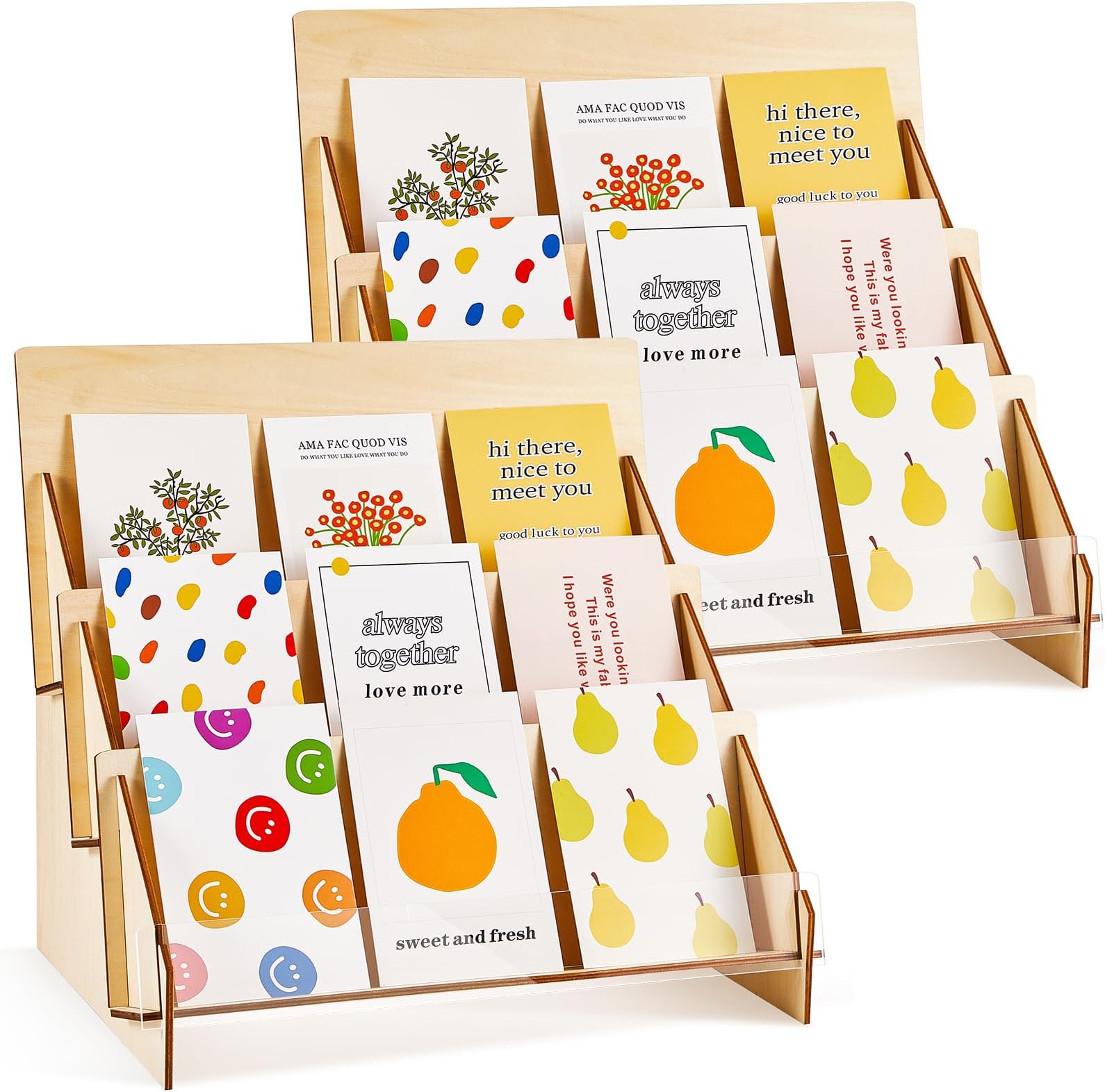 Barydat 2 Pcs Greeting Card Display Stand, 3 Tiered Wooden Multipurpose Portable Rack Holder for Retail Stores, Postcard Brochure Photos Sticker Magazine, Stationery Vendors(13 x 9.6 x 13.2 Inch)