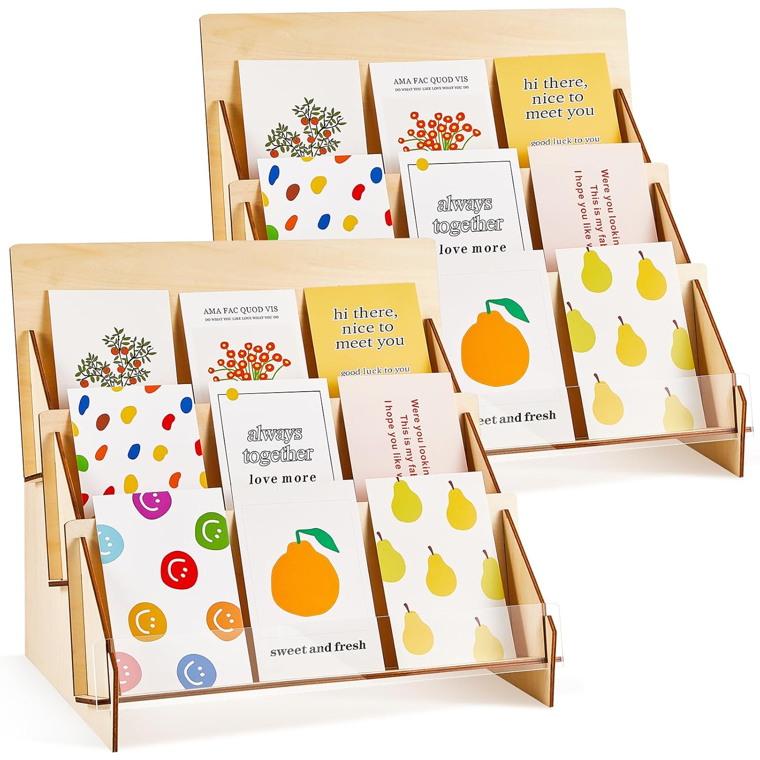 Barydat 2 Pcs Greeting Card Display Stand, 3 Tiered Wooden Multipurpose Rack Holder for Retail Stores, Postcard Brochure Photos Sticker Retail, Portable Magazine Organizer Rack(13 x 9.6 x 13.2 Inch)