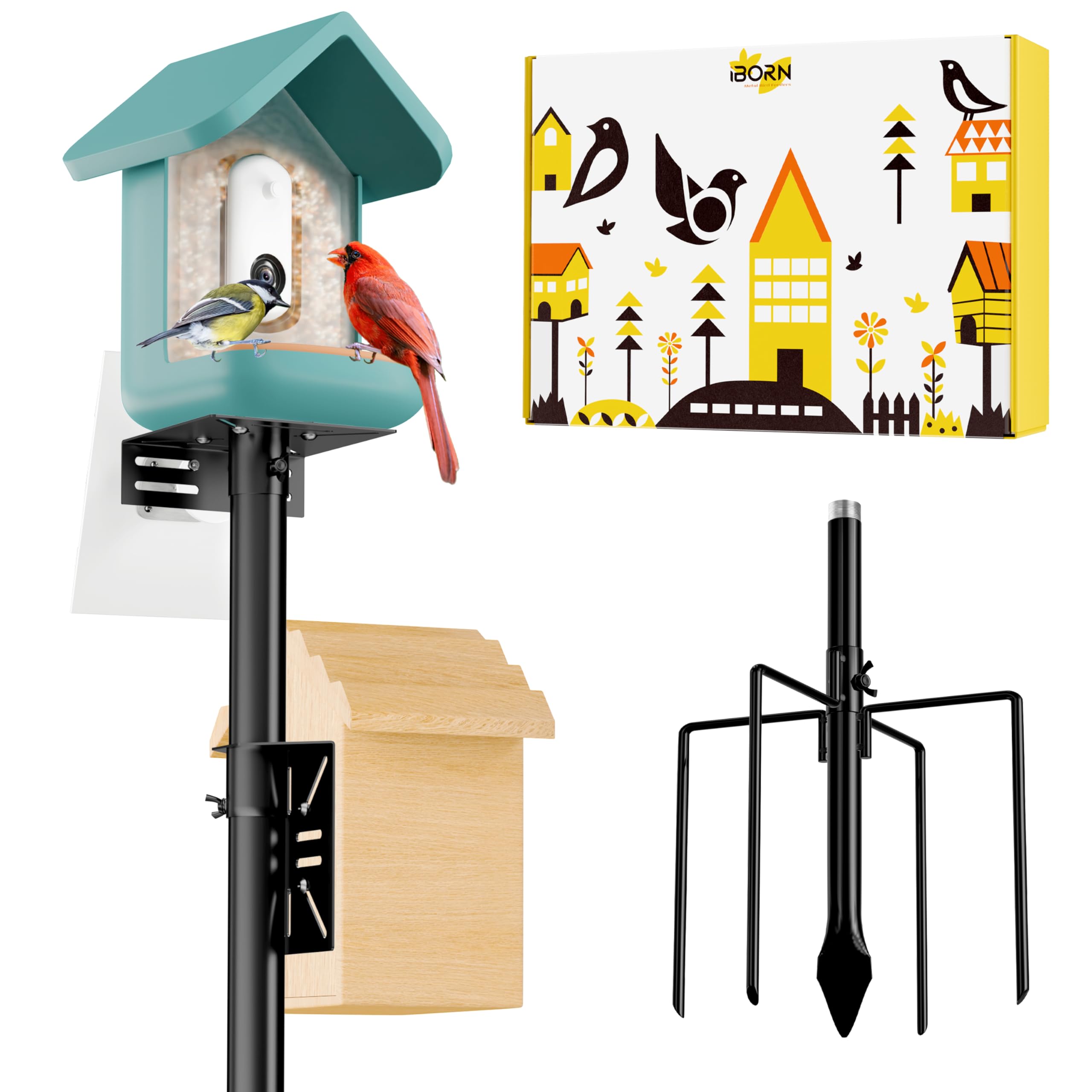 iBorn 3-in-1 Ständer mit Kamerahalterung für Vogelfutterspender – Stabiler Outdoor-Mast, höhenverstellbar bis 63 Zoll, universelle Halterung für intelligente Futterspender & Vogelhäuser