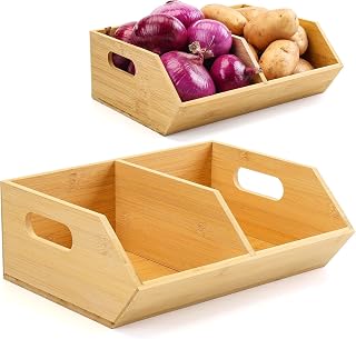 KASTWAVE 2 Set Bamboo Storage Bins, Pantry Organizers and Storage for Kitchen Countertop, Ideal for Storing Produce, Onions, Potatoes, Garlic, Fruits, Vegetables, and Bread