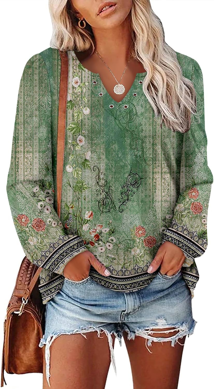 onlypuff V Neck Tops for Women Long Sleeve Shirts Loose Fit Tunic Top Cute Ladies Blouse Fall Fashion Tops - Image 2