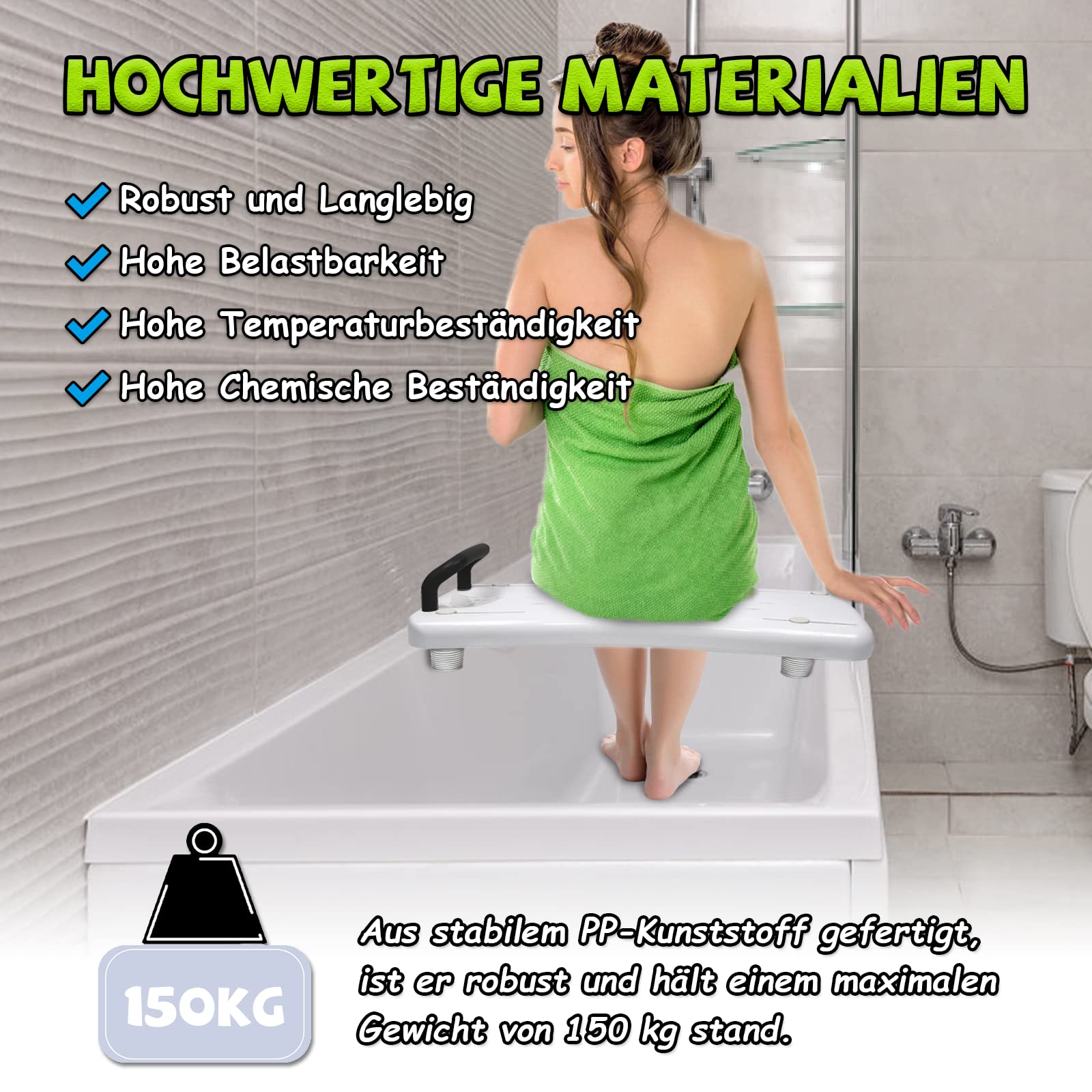 Froadp 70x31x5cm Badewannensitz mit Schwarz Griff Badewannenbrett zum Sitzen aus PP Wannensitz Badewanne Sitzbrett für Erwachsene Senioren Schwangere 41-63cm Einstellbarer Abstand