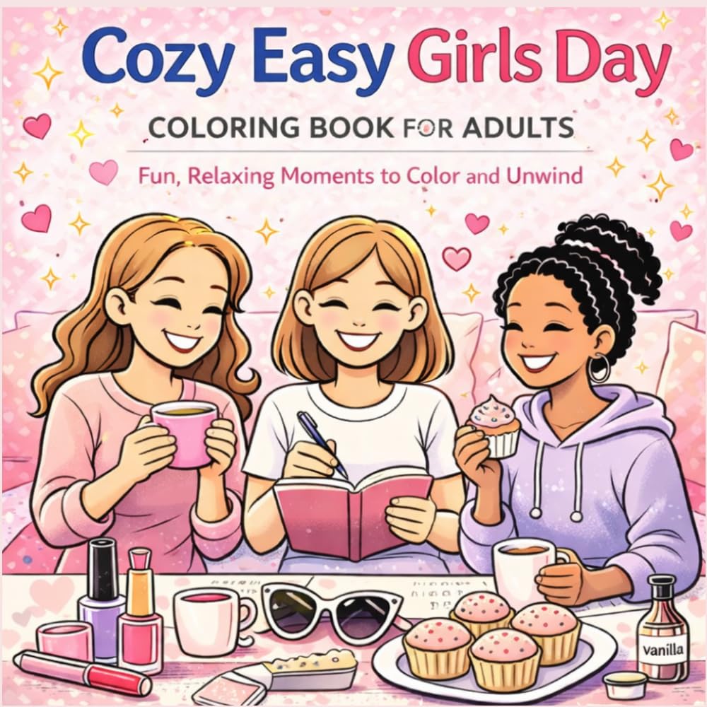 Cozy Easy Girls Day Coloring Book for Adults: Simple and Relaxing Moments to Color and Unwind with Fun Girly Activities, Coffee Dates, Spa Days, Sleepovers and Everyday Cozy Scenes