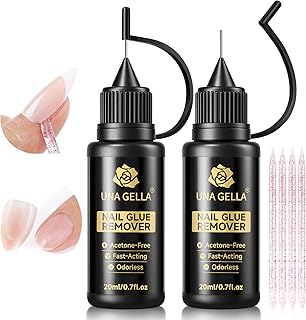 UNA GELLA 20ml*2PCS Nail Glue Remover for Press on, Multi-Functional Pinpoint Glue Remover Fast Removal Gentle Non-Acetone with Crystal Sticks for Nails Polish False Acrylic Nail Tips Home DIY