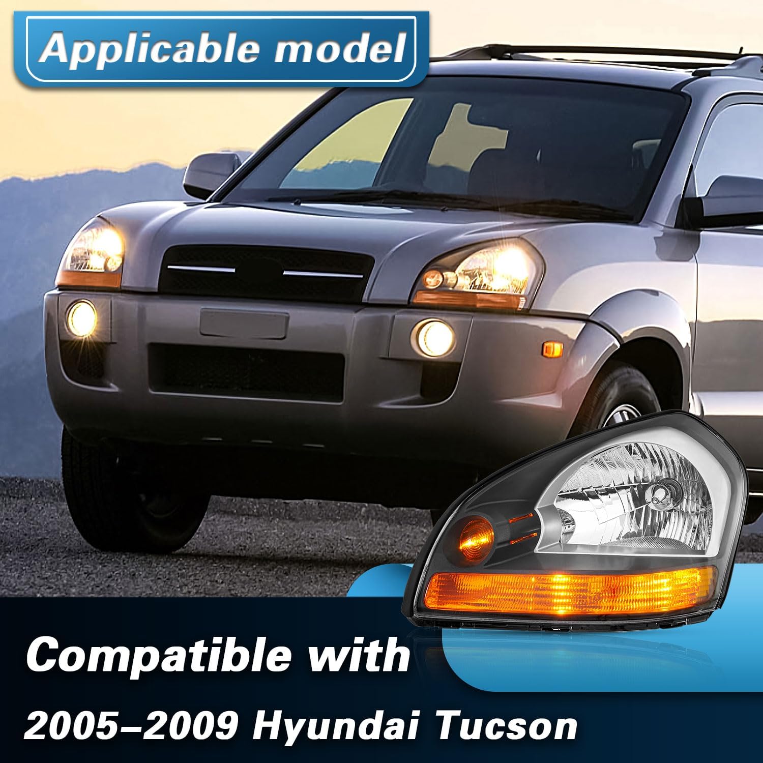 Pair Compatible with 2005-2009 Hyundai Tucson Headlights with Bulbs Halogen Type 92101-2E001 92102-2E001（Driver&Passenger）