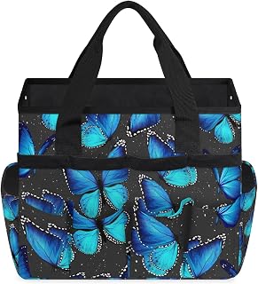 Blue Butterflies Style Garden Tool Bag Tote for Men Women Multiple Pockets Wide Mouth Heavy Duty Waterproof Tool Organizer Bag for Outdoor Lawn Yard Portable Gardening Storage With Elasticbands