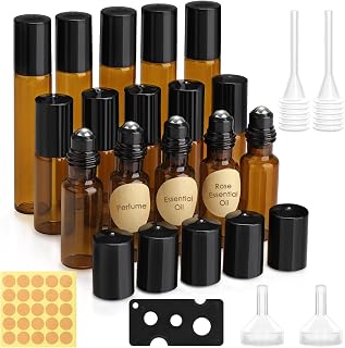 MELLIEX 15 Piezas Botellas Roll On Cristal, 10/5ml Marrón Botellas Rollon para Aceites Esenciales con Roll-on Bola de Acero Inoxidable para Masajes, Aromaterapia,Botella de Laboratorio
