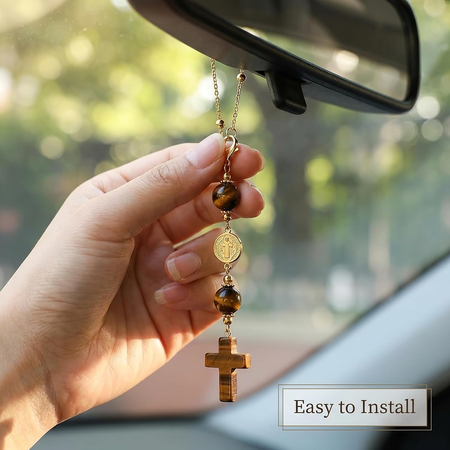 Cross Car Charm Rear View Mirror Accessories - Natural Tiger Eye Crystal Hanging Ornament, Christian Car Accessories for Good Luck, Boho Car Decor Gifts for Women Men