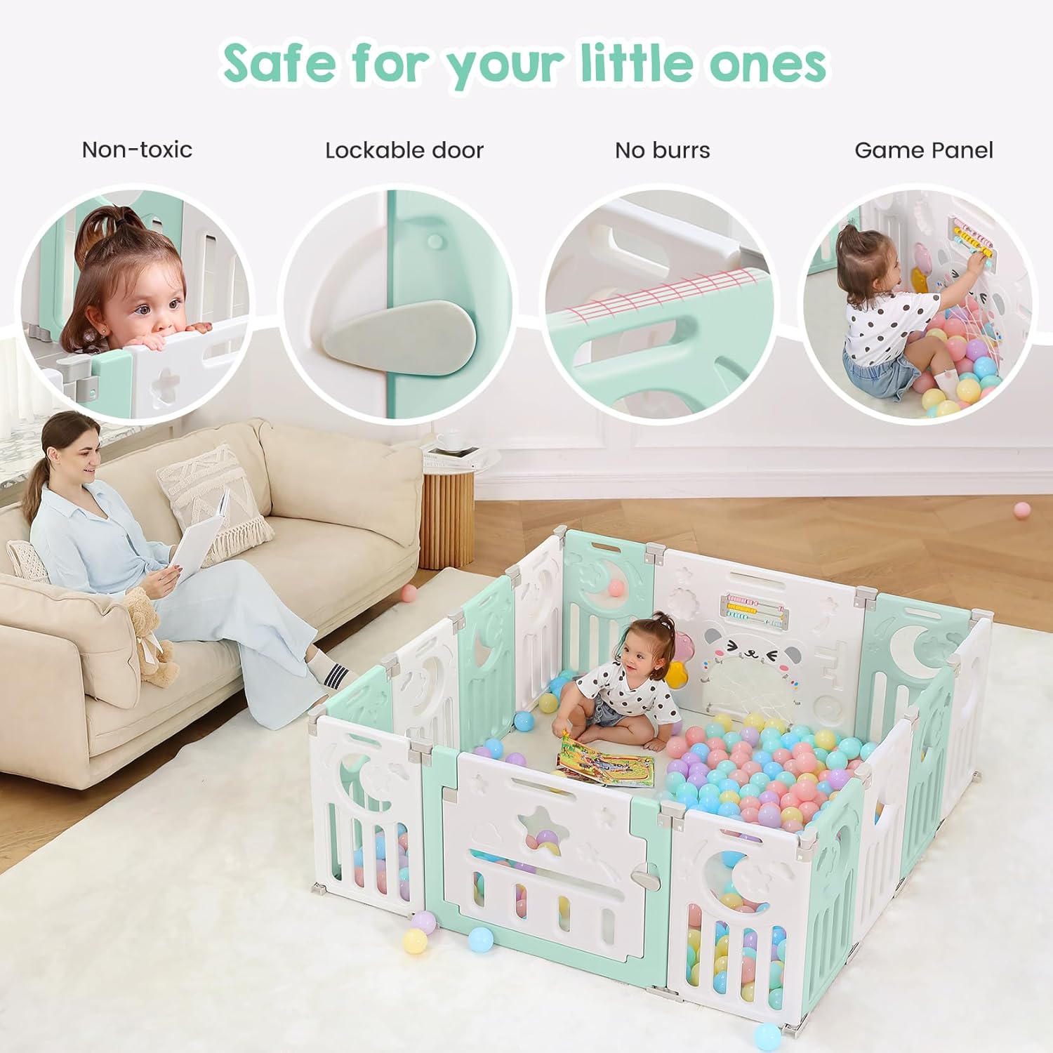 Close-up of Dripex Baby Playpen highlighting non-toxic material, lockable door, no burrs, and game panel features.