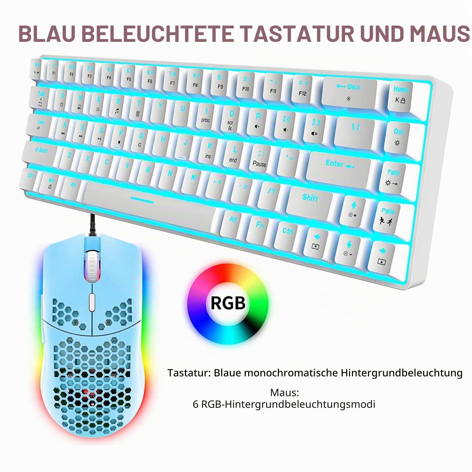 Tastatur und Maus Gaming Set, 68 Tasten Blauer Schalter 60% Mini Eisblaue Backlit Mechanische Tastatur Weiß, 6400DPI Leichte Programmierbar Maus Grün, USB-Kabel, Kompatibel mit Windows Mac PS4