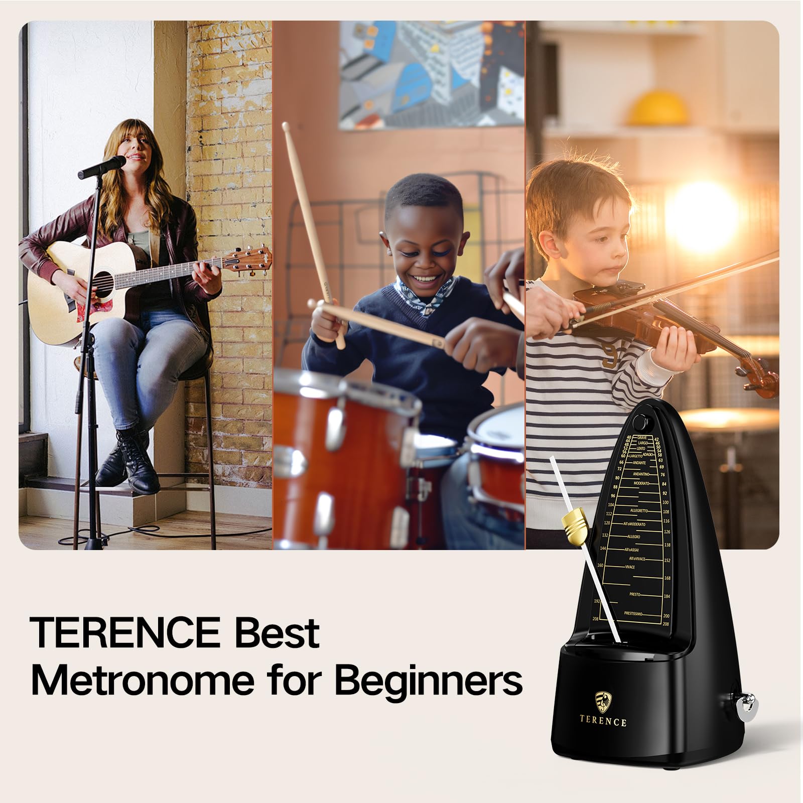 TERENCE Metronome Metronomo meccanico ad alta precisione con campana accentata, tempo preciso, durevole per pianoforte, violino, batteria, basso, chitarra, adatto come regalo, nero