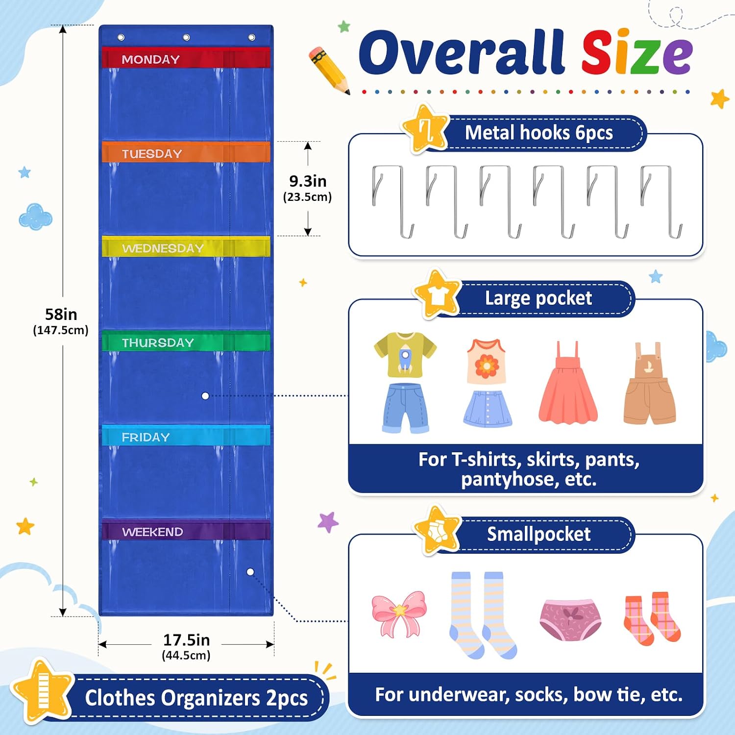 2 Pack Weekly Kids Clothes Organizer with 12 Pockets