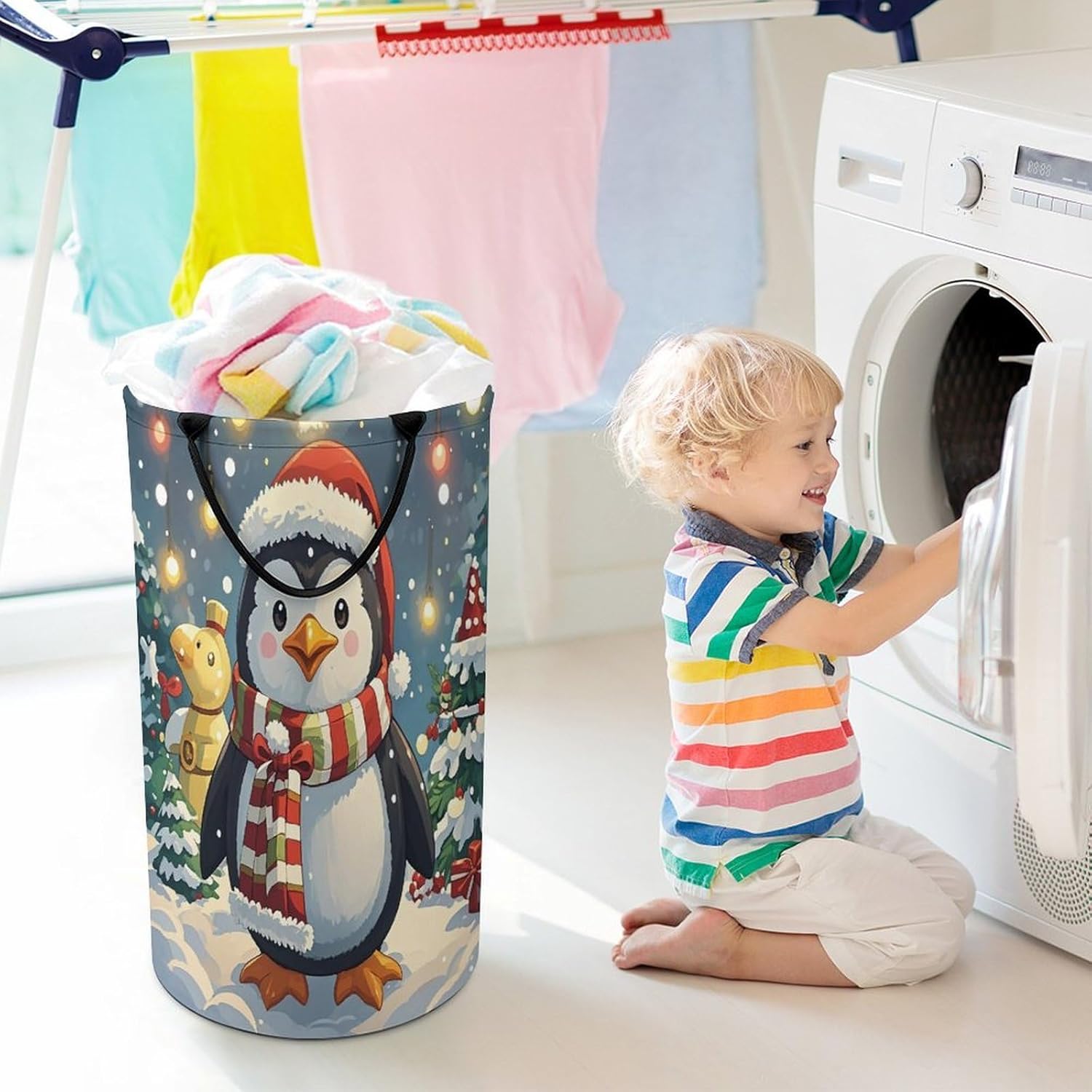 Christmas Funny Penguin Laundry Hamper with Handles Freestanding Large Laundry Basket Collapsible Clothes Hamper Waterproof Clothes Basket for Family Bathroom Decor Storage 86L