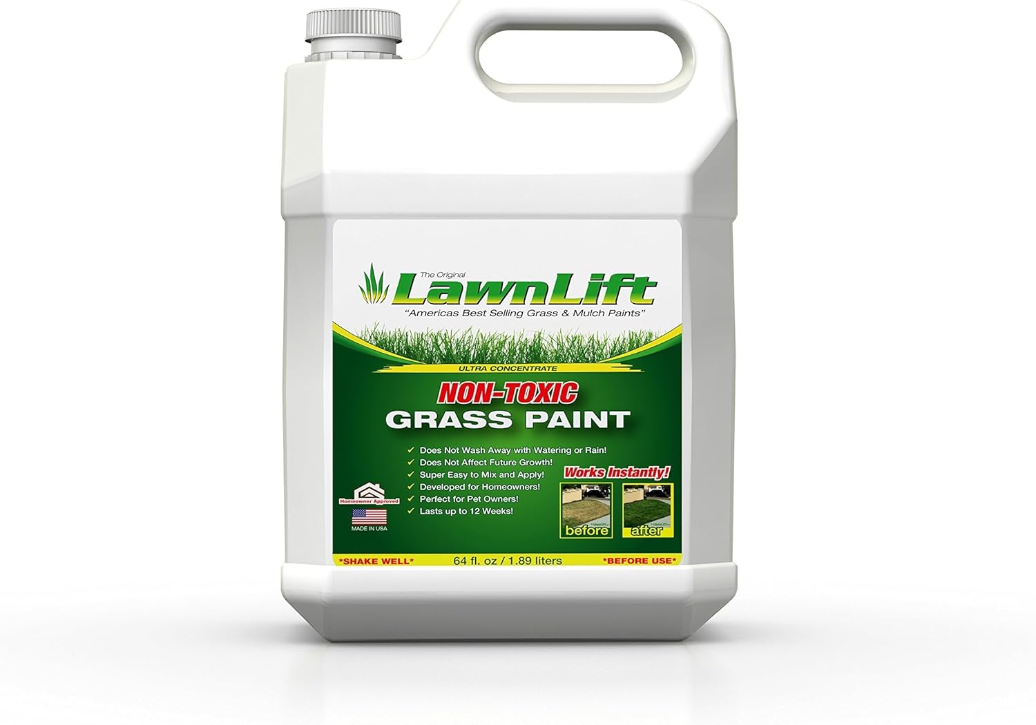 Lawnlift Ultra Concentrated (Green) Grass Paint 64oz. Covers up to 2000 sq feet* Coverage Will Vary depending on Condition of Grass, Sprayer Setting, Dilution Ratio and Desired Shade.