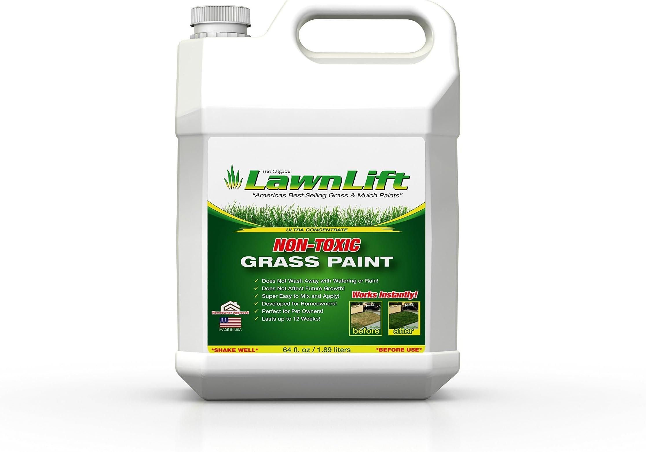 Lawnlift Ultra Concentrated (Green) Grass Paint 64oz. Covers up to 2000 sq feet* Coverage Will Vary depending on Condition of Grass, Sprayer Setting, Dilution Ratio and Desired Shade.