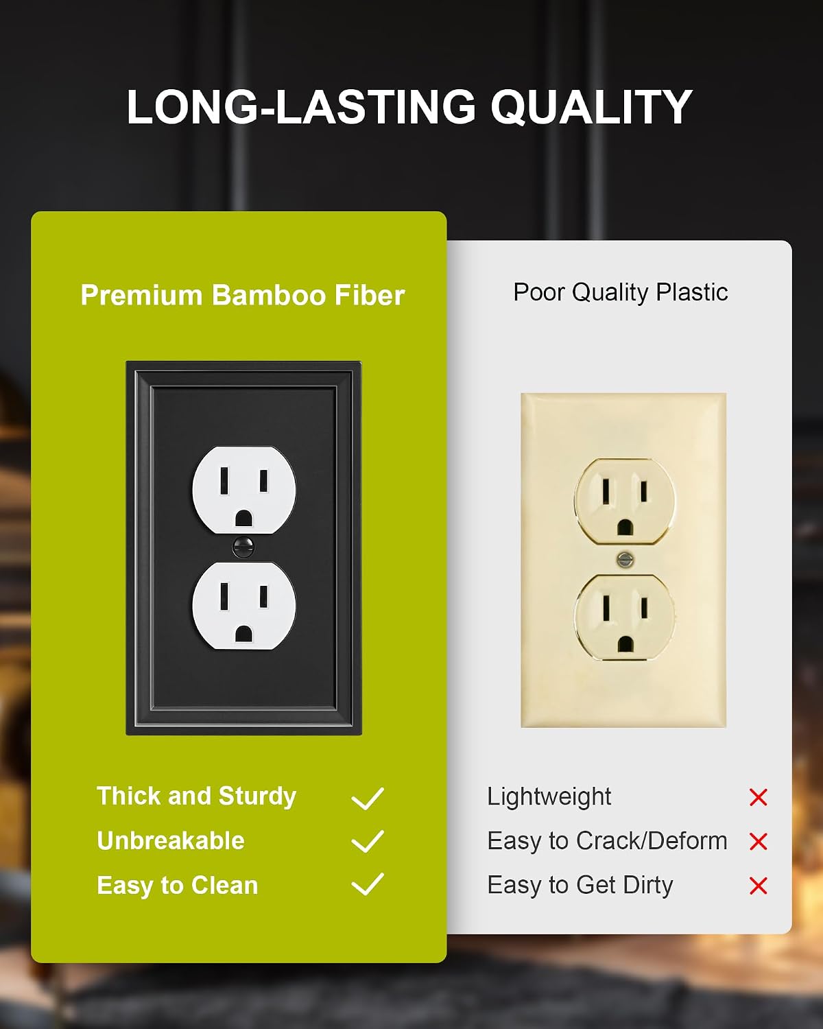 6-Pack Natural Bamboo Fiber Duplex Outlet Cover, Durable Switch Plate image 4