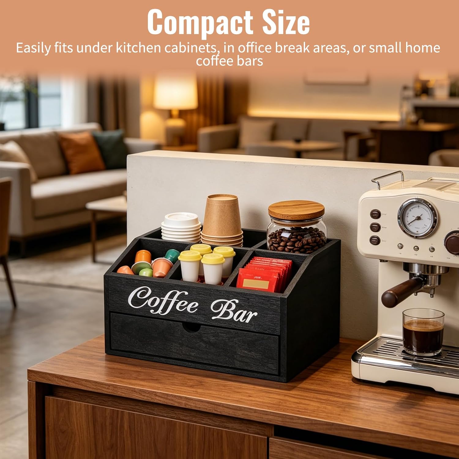 Coffee Station Organizer for Countertop, 2-Tier Wooden Coffee Bar Accessories, Black Dust-Proof Drawer Coffee Holder Storage Basket for Syrups, Pods, Tea Bags & Cups