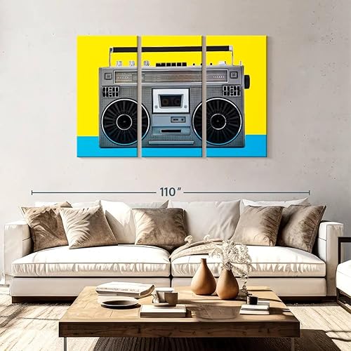 Miniatura 2 de ElephantStock - Retro Silver Boombox Wall Art - Horizontal Multi Panel Canvas - 3 Piece Living Room Wall Decor - Photography Music Multi Piece Wall