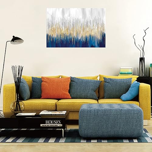 Miniatura 4 de XXMWallArt FC3169 - Arte abstracto de pared en lienzo dorado y azul, pintura de arte para sala de estar, dormitorio, cocina, hogar y oficina,