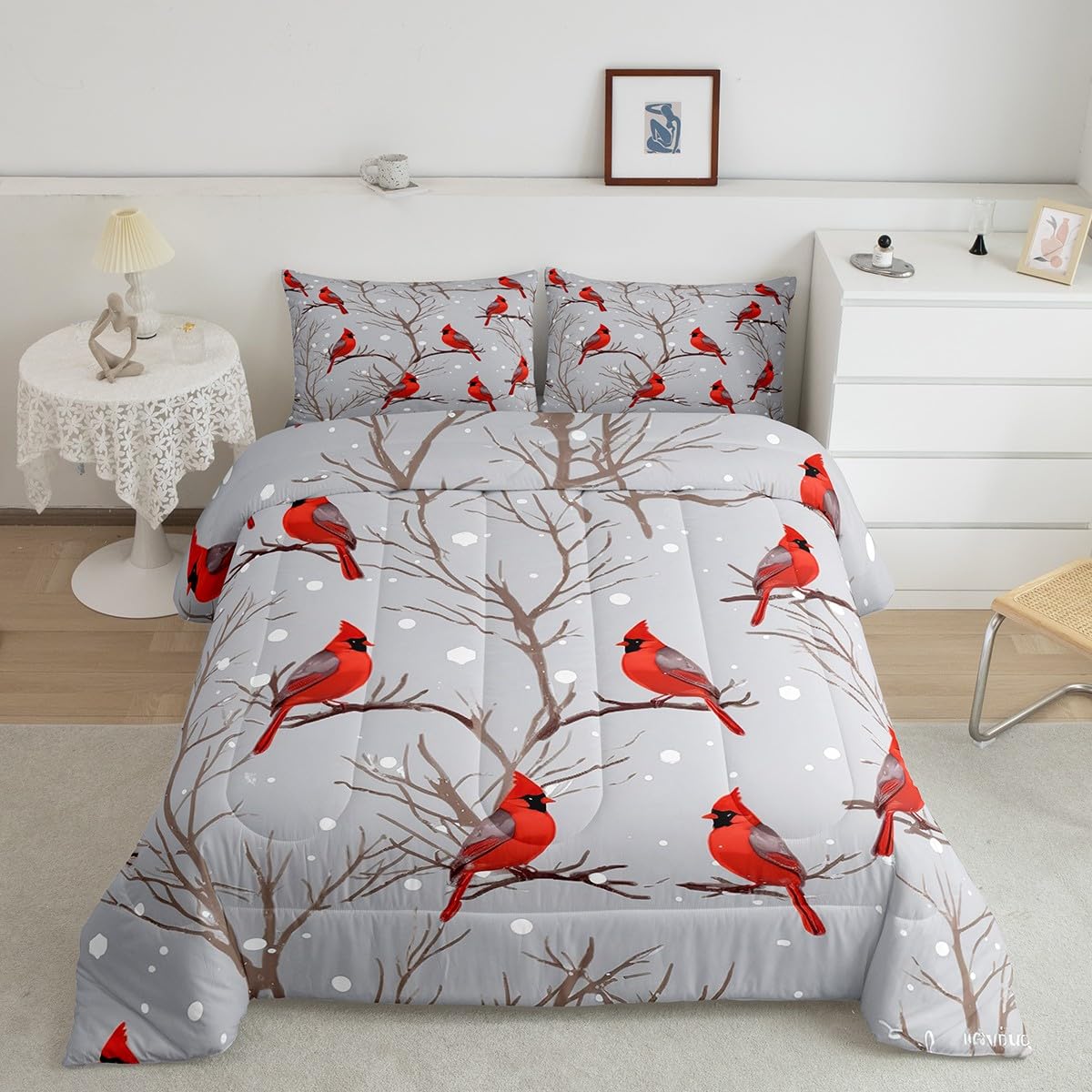 Feelyou Bird Comforter Set Red Birds Snowflakes Bedding Set Winter Landscape Cardinals Comforter for Boys Girls Child Kids Retro Decor Tree Branches Duvet Set Full Size with 2 Pillow Case Boys