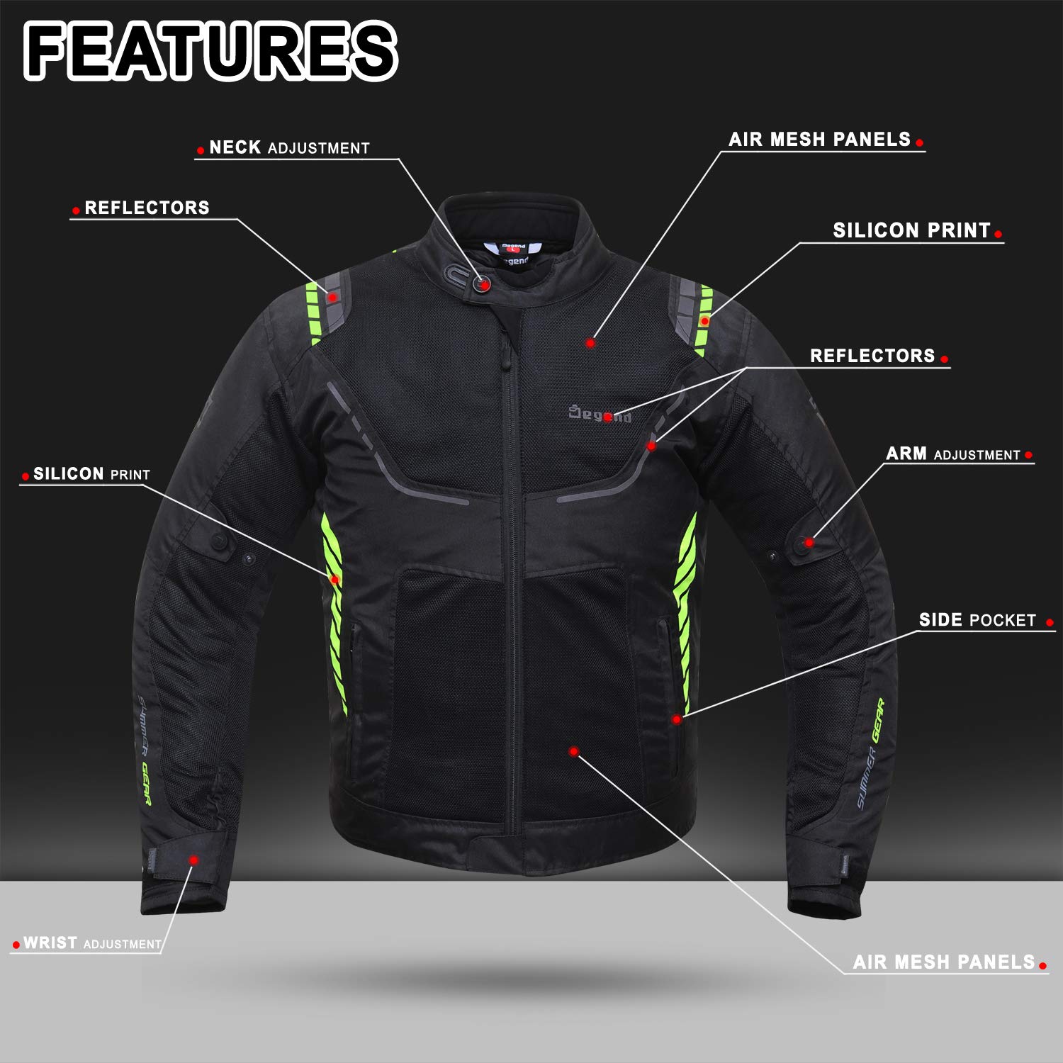 BREEZE EVO | Kurtka motocyklowa męska z ochroną - Oddychająca kurtka przeciwdeszczowa z wentylacją - Odzież motocyklowa - Kurtka Motera - Rozmiary (S-6XL), Czarny Fluor, 4XL