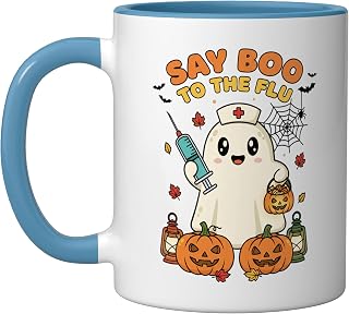 Doctor Halloween Say Boo To The Flu Ghost Vaccine Design Ceramic Mug, Blue/White