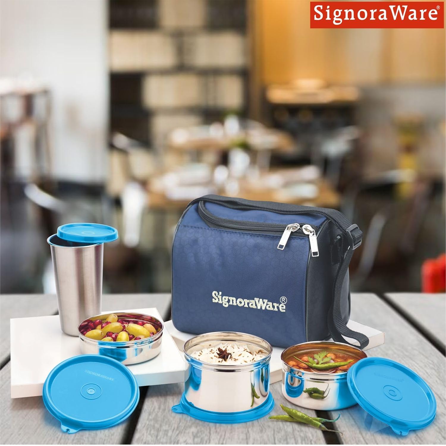 SignoraWare Stainless Steel Lunch Box with Bag | Airtight & Leakproof | Retain Freshness & Crispness | Perfect for Office Executives, College Students & Travelers ( 200ml+350ml+500ml+370ml | Blue ) 3 71PiP2UoSCL. SL1500