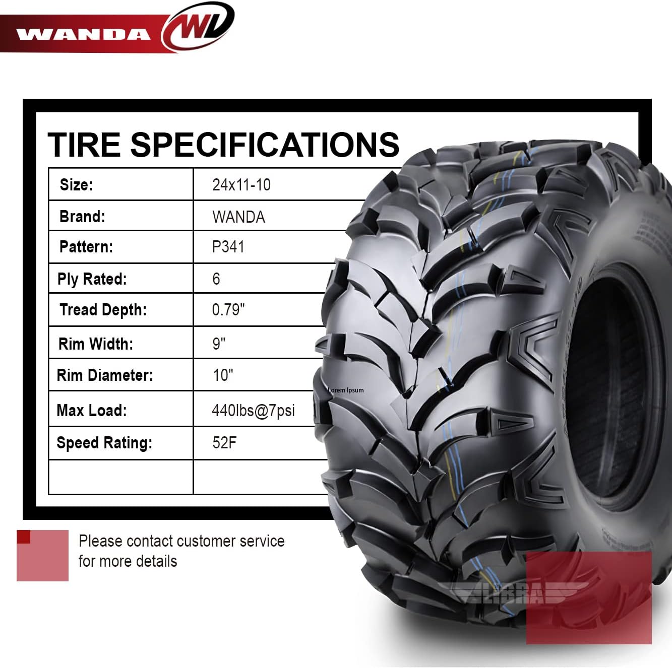 WANDA One ATV Tire AT MASTER 24x11-10 24x11x10 P341 6PR Solid Lug Mud Snow 10245